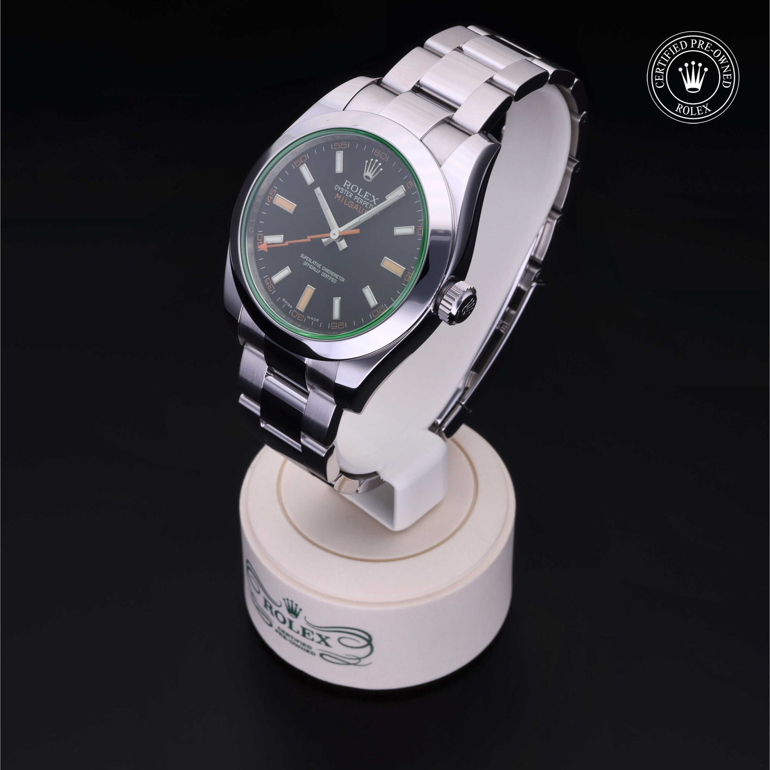 Rolex Certified Pre-owned Milgauss M116400GV-0001 front on black background