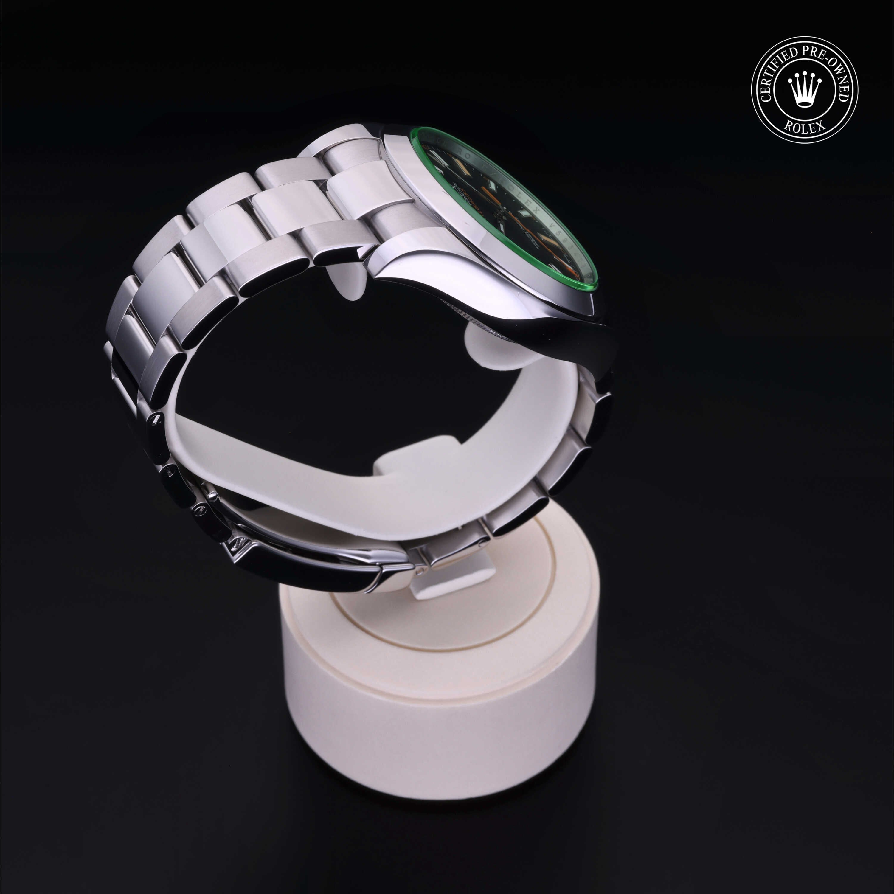 Rolex Certified Pre-owned Milgauss M116400GV-0001 front on black background