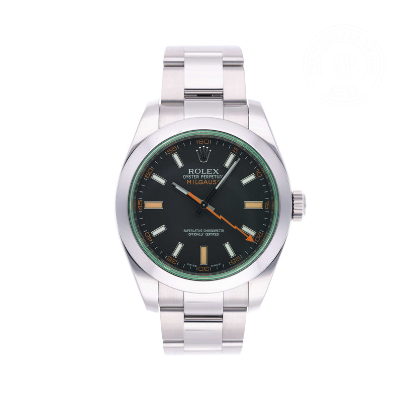 Rolex Certified Pre-owned Milgauss M116400GV-0001 front on white background
