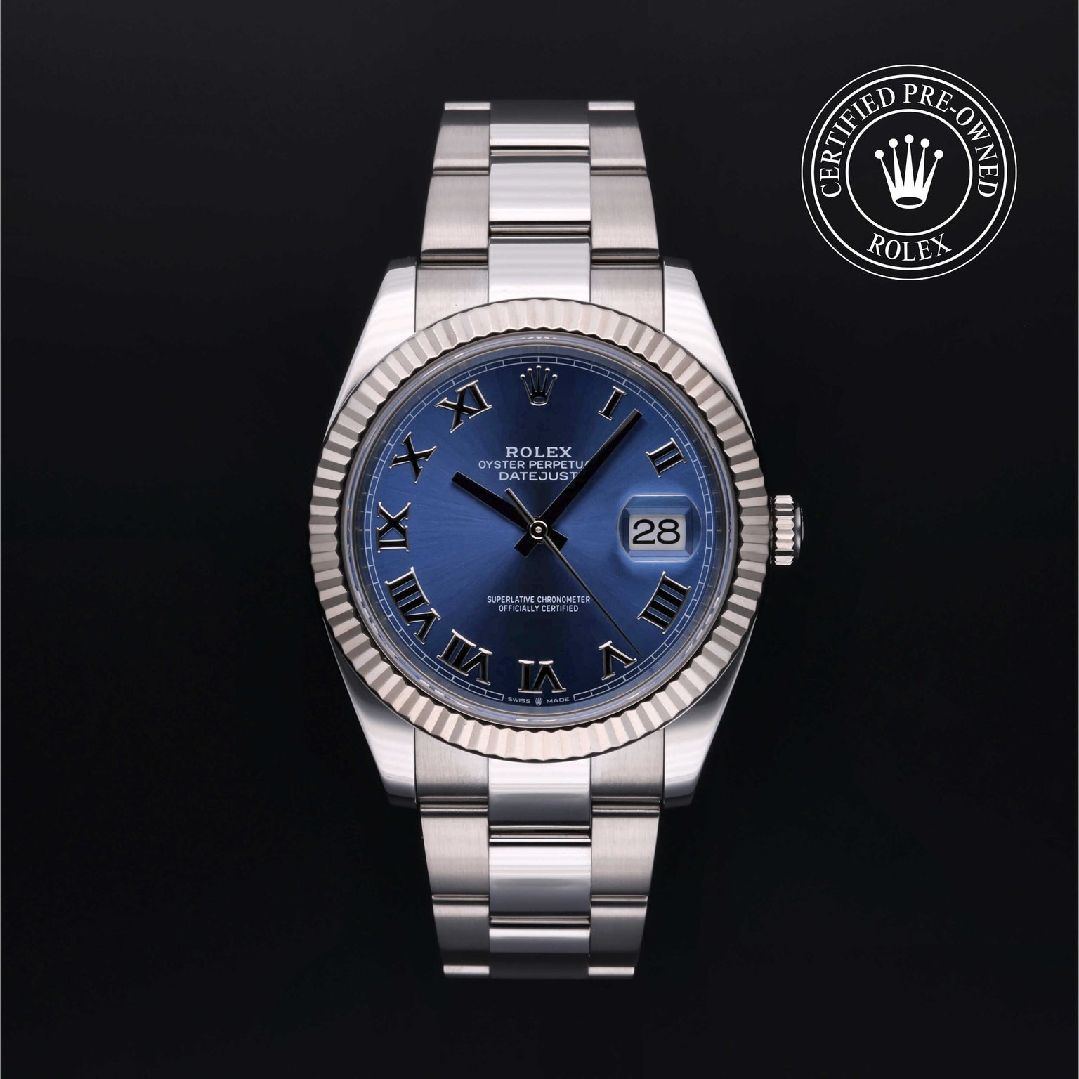 Rolex Certified Pre-owned Datejust M126334-0025 front on black background