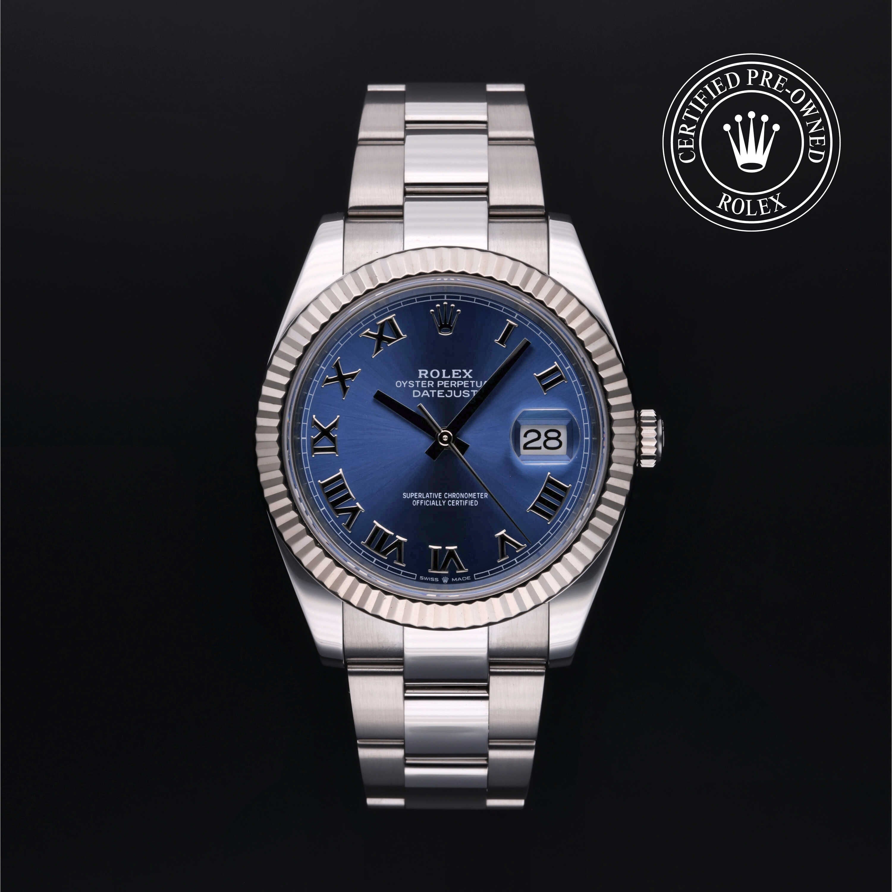 Rolex Certified Pre-owned Datejust M126334-0025 front on black background