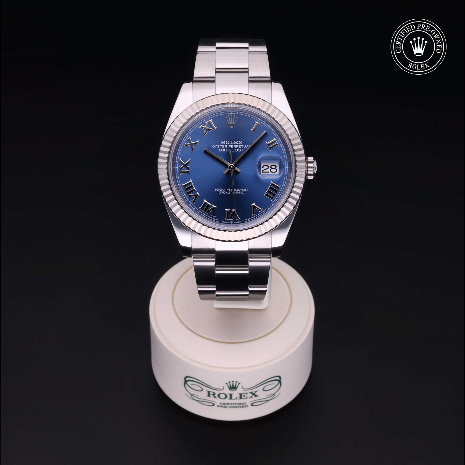 Rolex Certified Pre-owned Datejust M126334-0025 front on black background