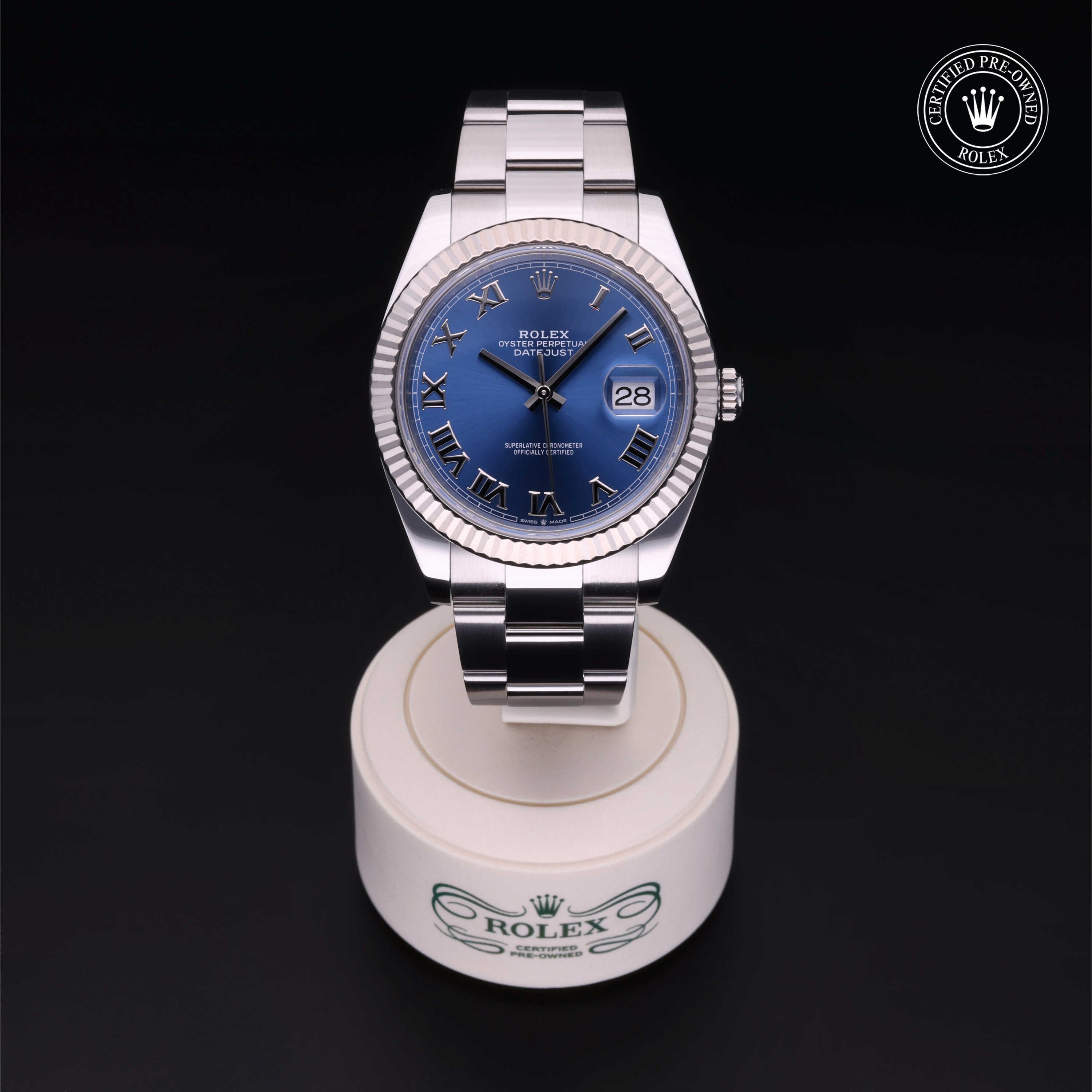 Rolex Certified Pre-owned Datejust M126334-0025 front on black background