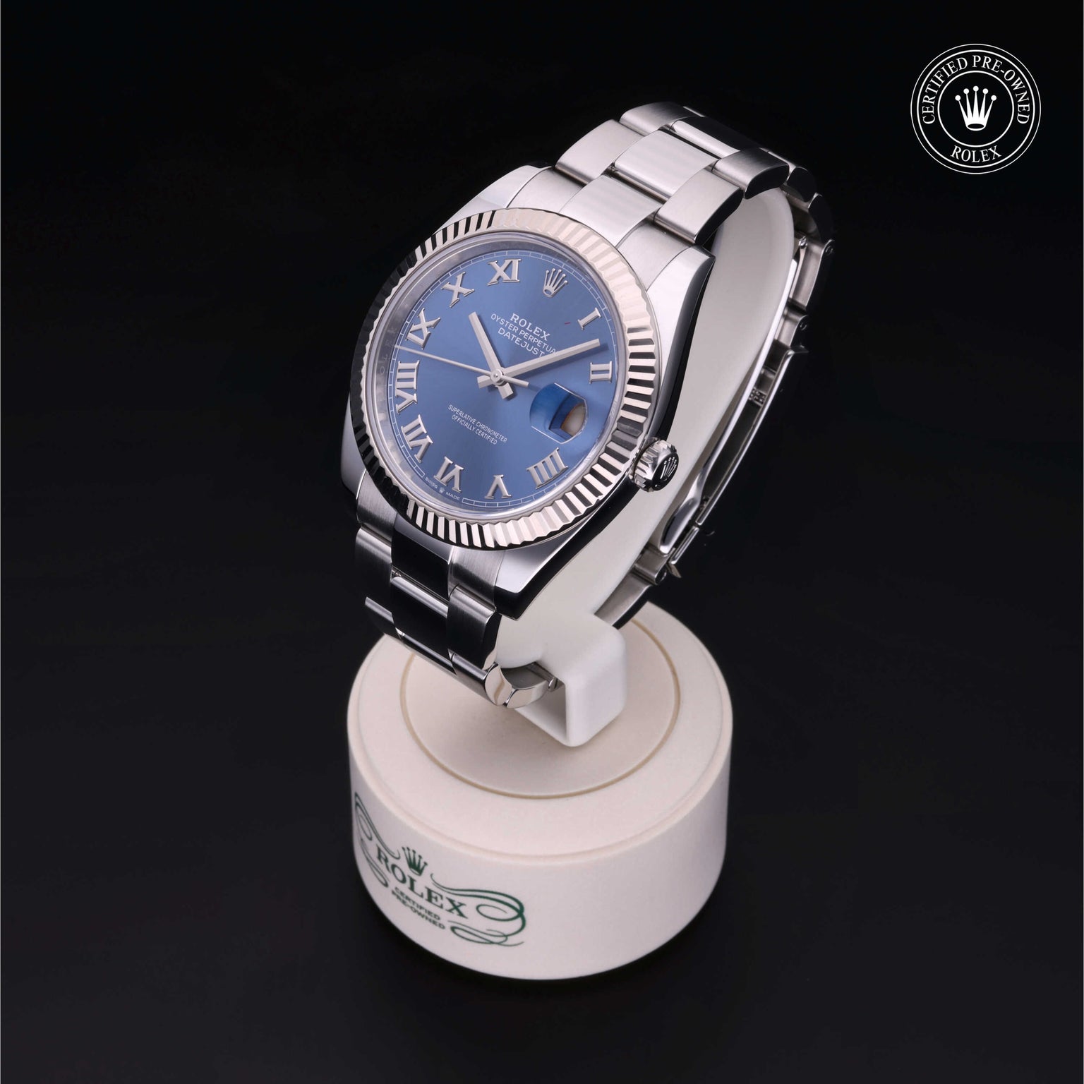 Rolex Certified Pre-owned Datejust M126334-0025 front on black background