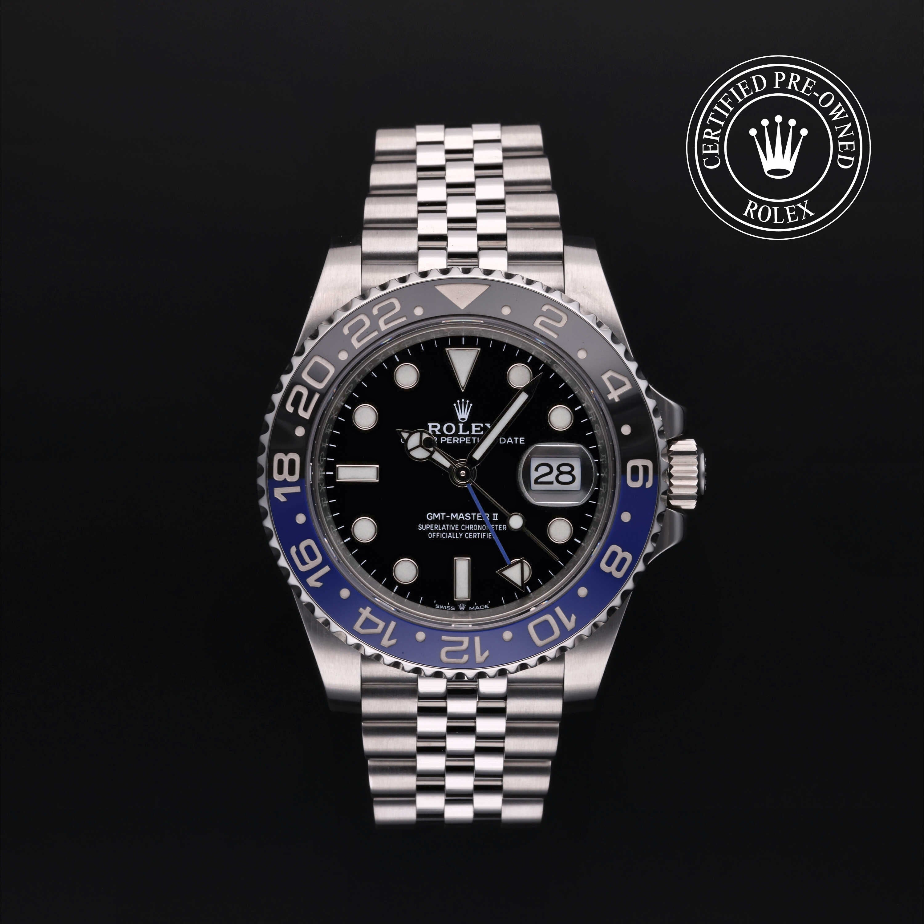Rolex Certified Pre-owned GMT II M126710BLNR-0002 front on black background