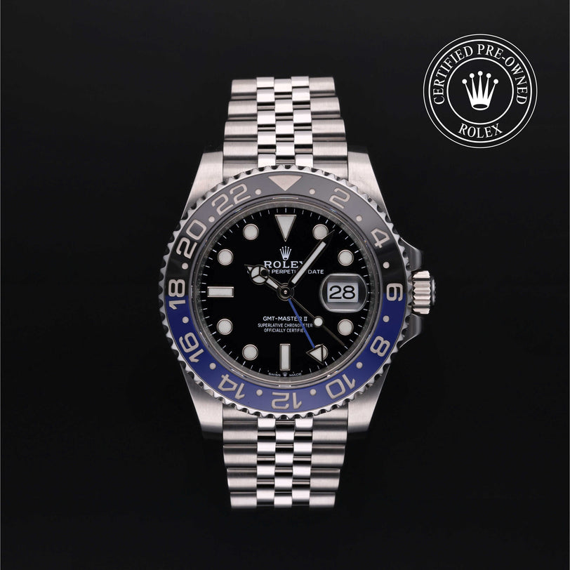 Rolex Certified Pre-owned GMT II M126710BLNR-0002 front on black background