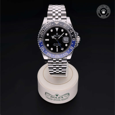 Rolex Certified Pre-owned GMT II M126710BLNR-0002 front on black background