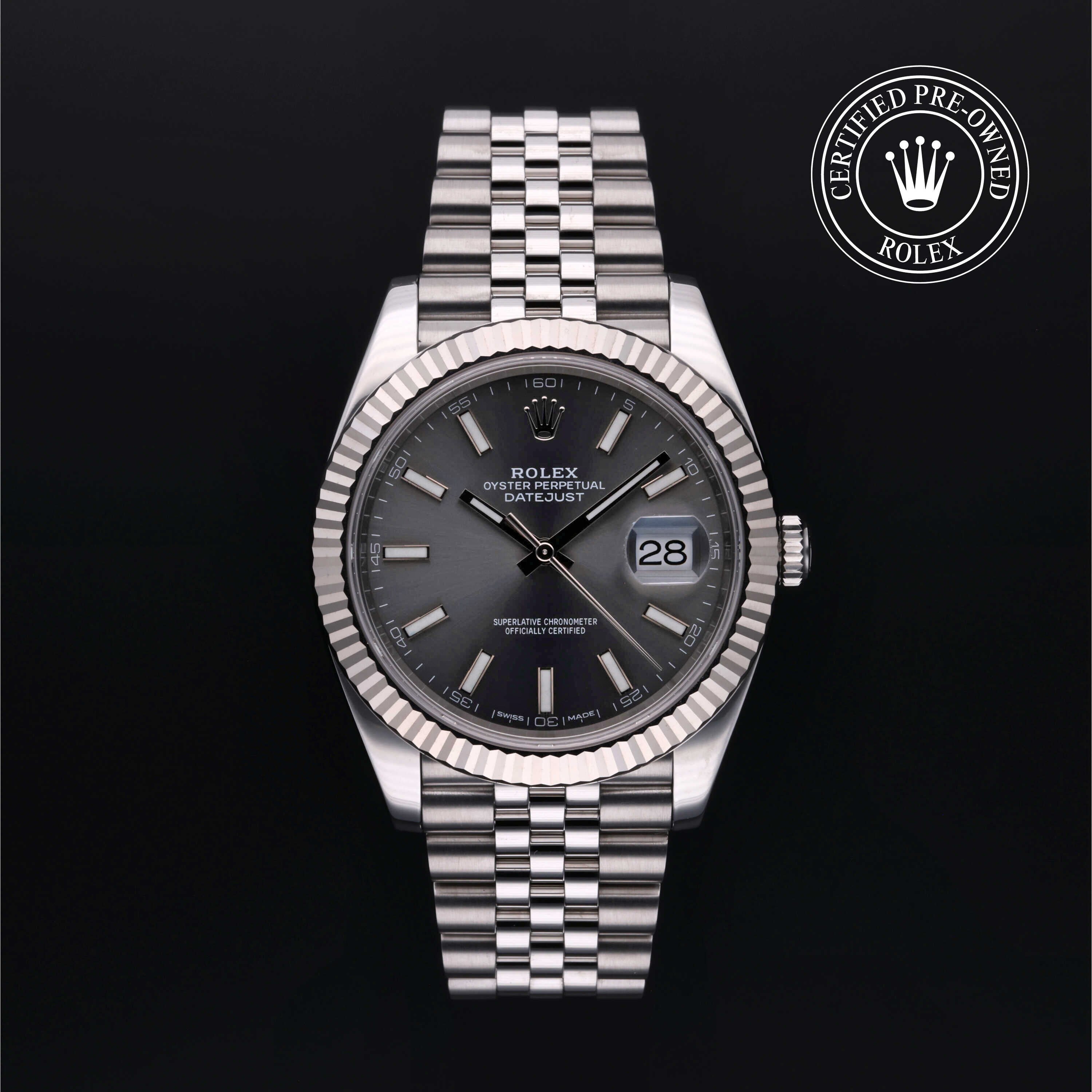 Rolex Certified Pre-owned Datejust M126334-0014 front on black background