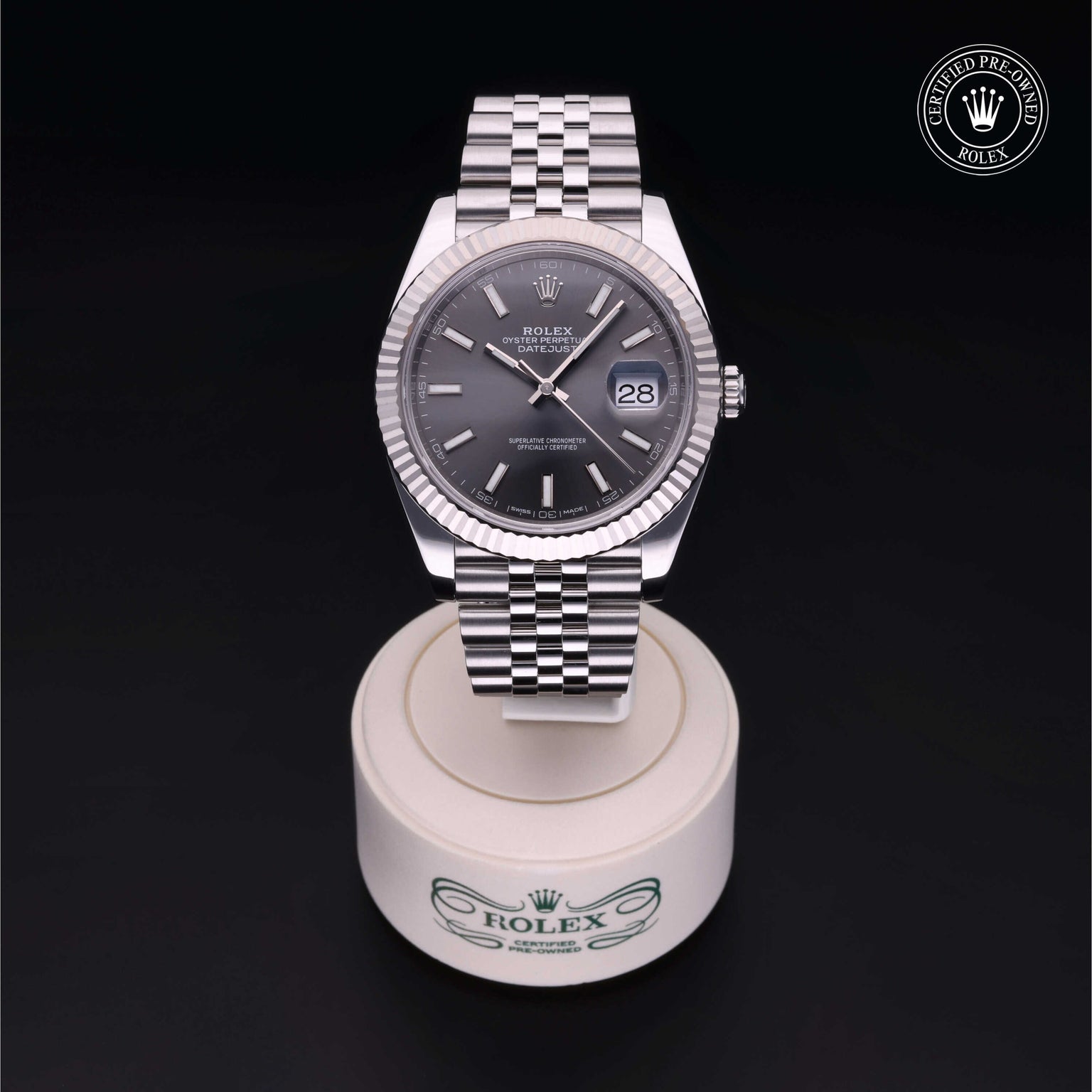 Rolex Certified Pre-owned Datejust M126334-0014 front on black background
