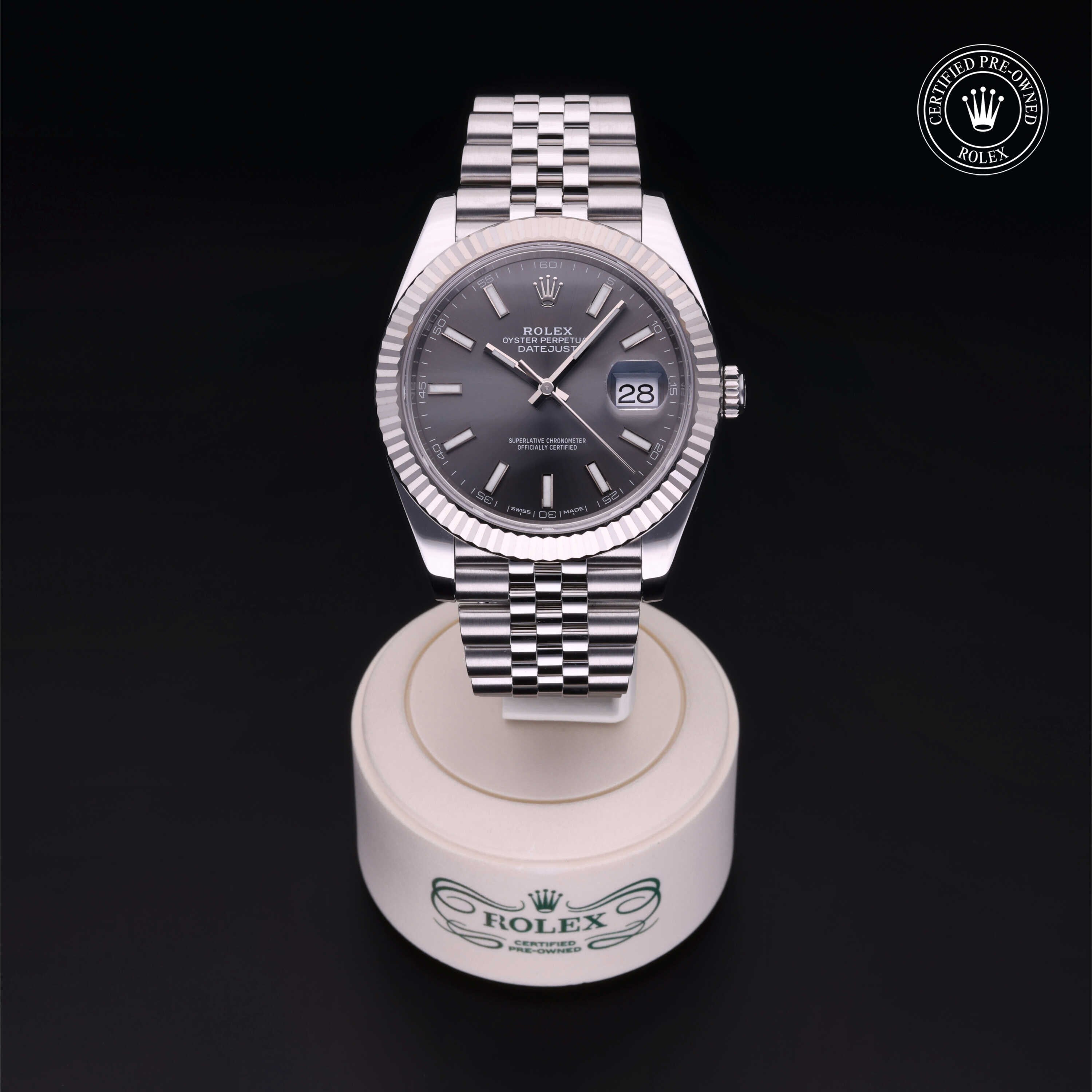 Rolex Certified Pre-owned Datejust M126334-0014 front on black background