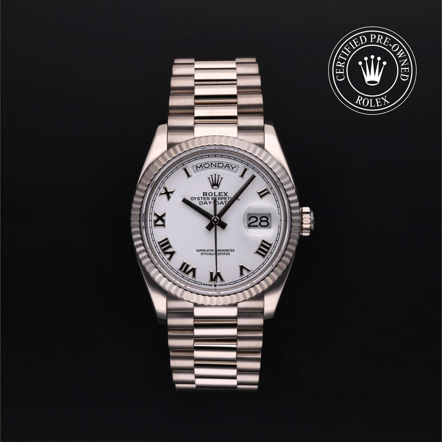 Rolex Certified Pre-owned Day-date M128239-0038 front on black background