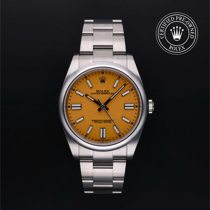 Rolex Certified Pre-owned Oyster Perpetual M124300-0004 front on black background