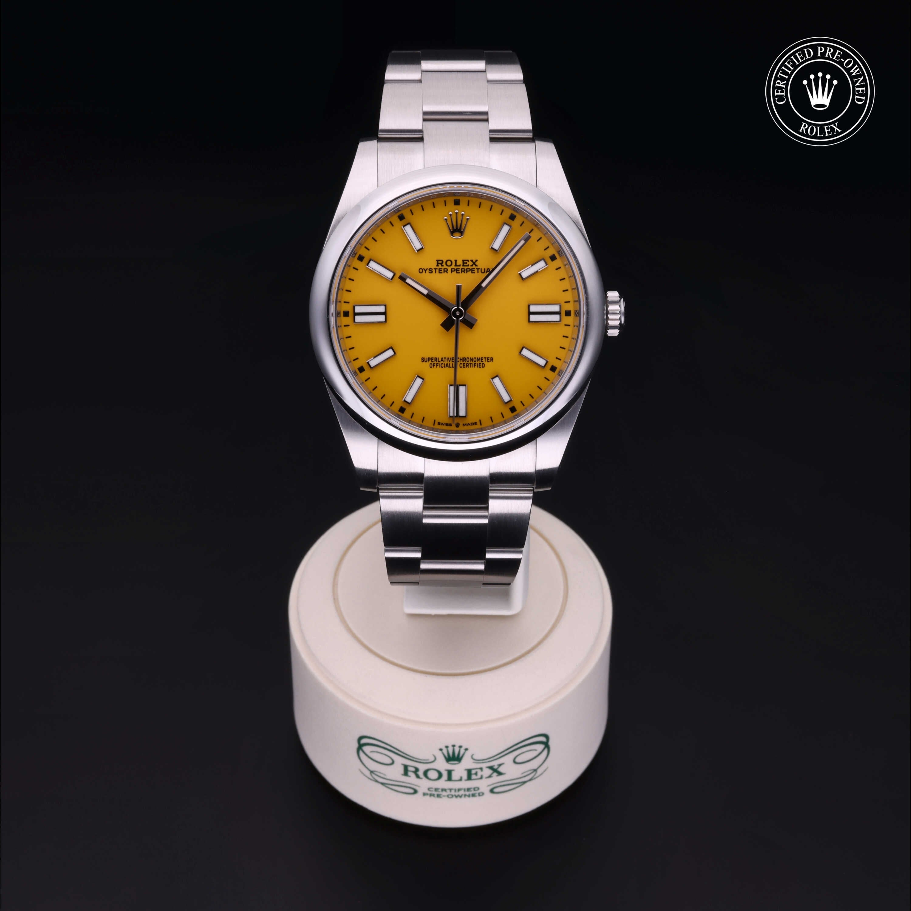 Rolex Certified Pre-owned Oyster Perpetual M124300-0004 front on black background