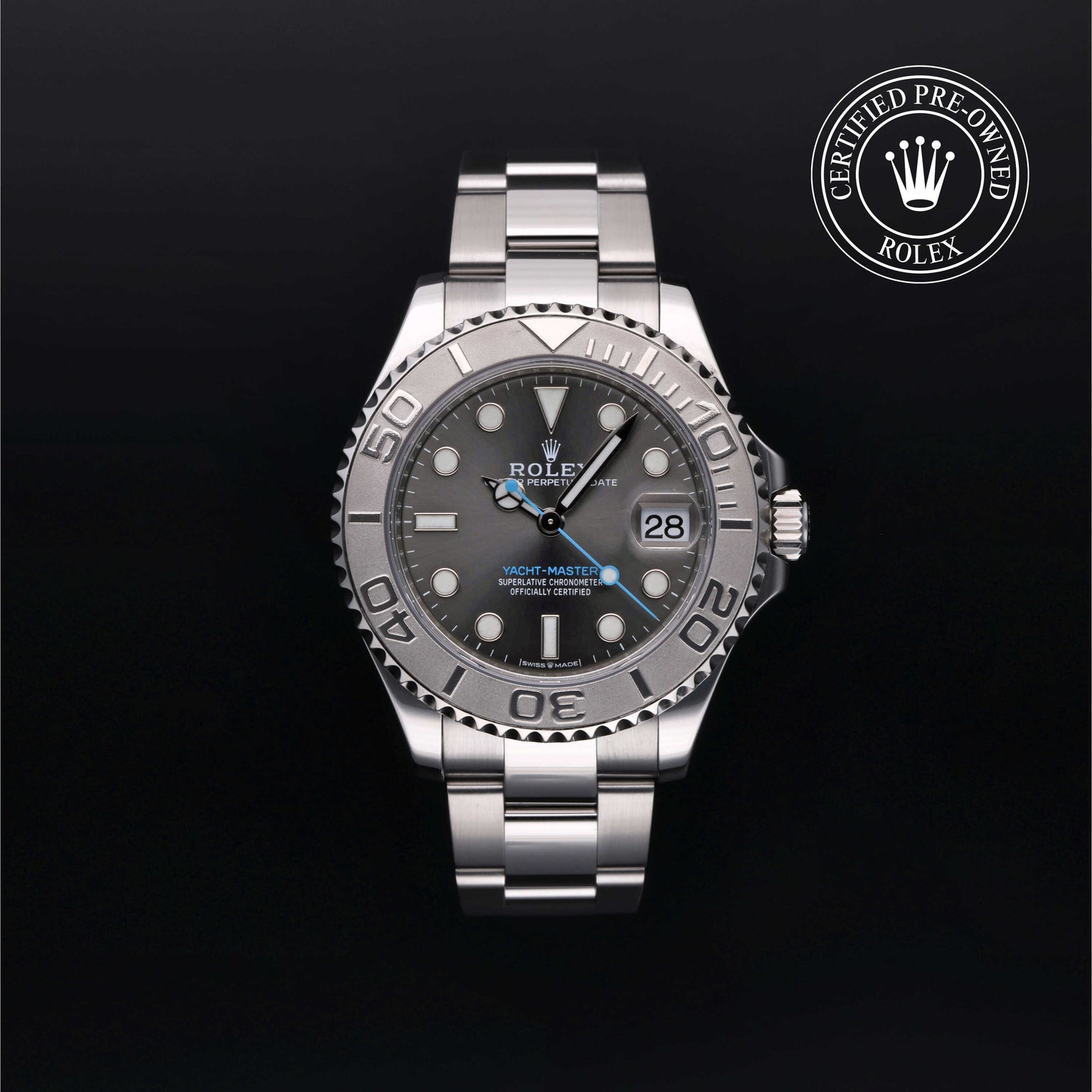 Rolex Certified Pre-owned Yacht-Master M268622-0002 front on black background