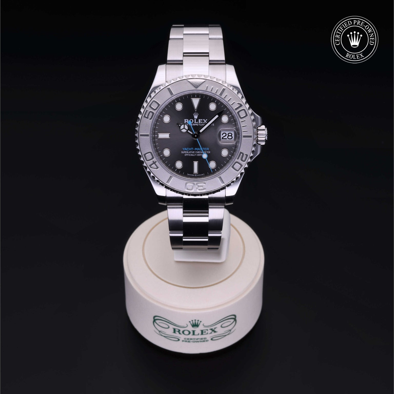 Rolex Certified Pre-owned Yacht-Master M268622-0002 front on black background