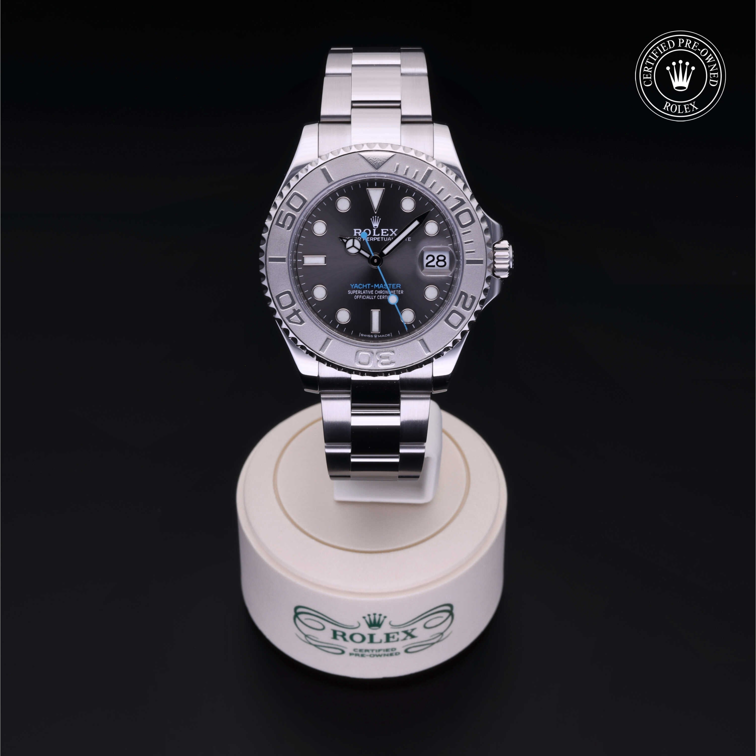 Rolex Certified Pre-owned Yacht-Master M268622-0002 front on black background