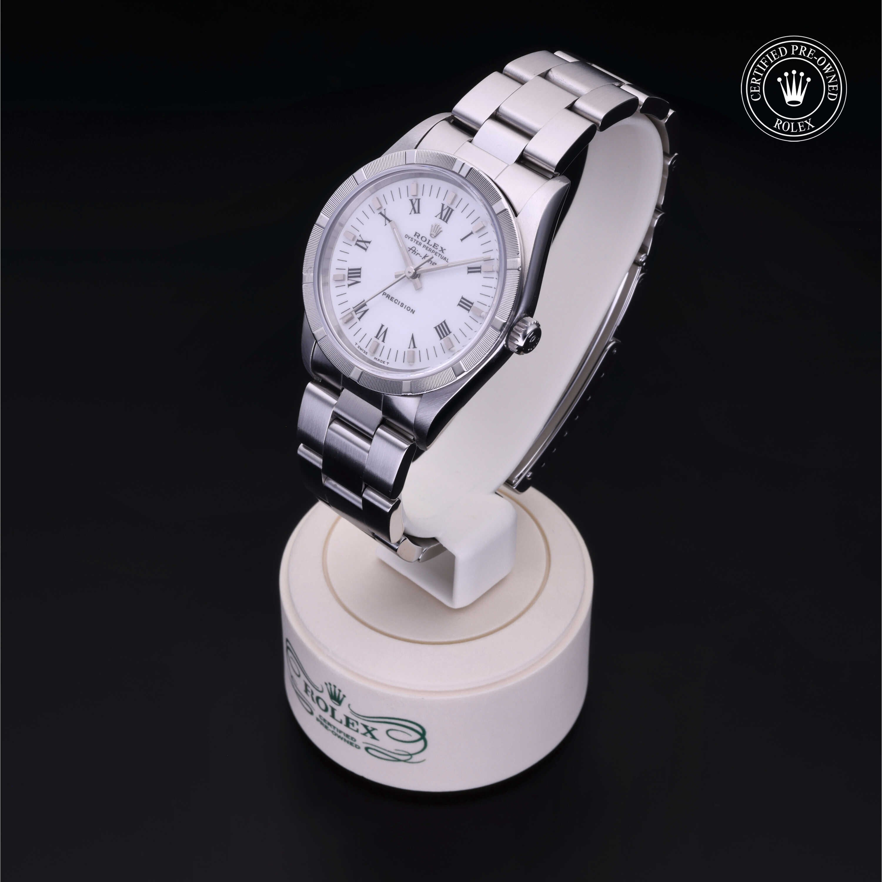 Rolex Certified Pre-owned Air-King M14010-0005 front on black background