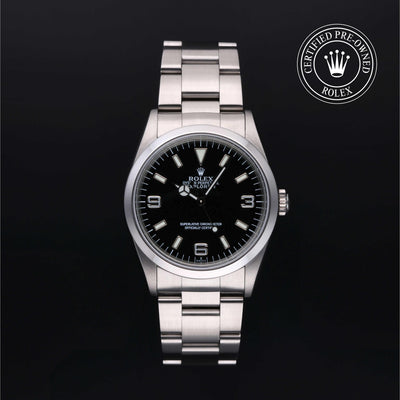 Rolex Certified Pre-owned Explorer M14270-0001 front on black background