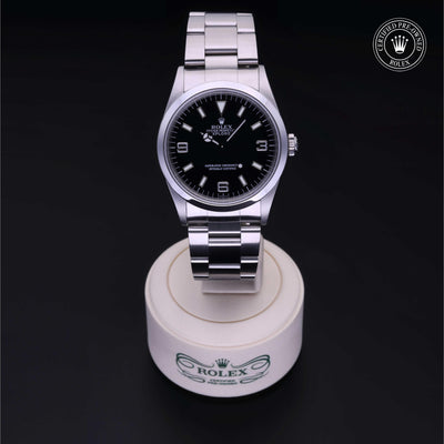 Rolex Certified Pre-owned Explorer M14270-0001 front on black background