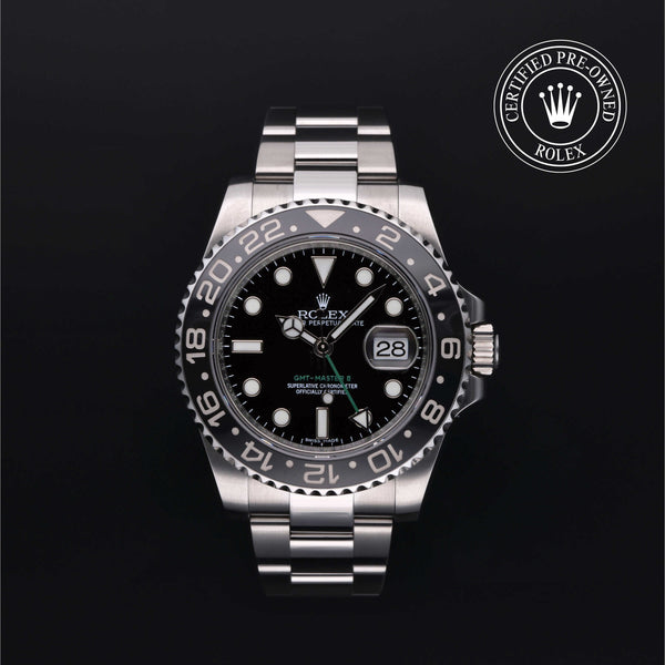 Rolex Certified Pre-owned GMT M116710LN-0001 front on black background