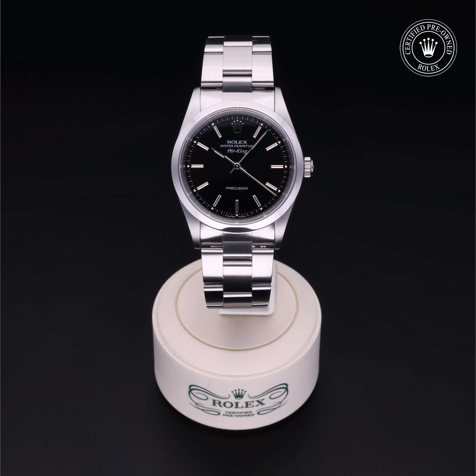 Rolex Certified Pre-owned Air-King M14000-0005 front on black background