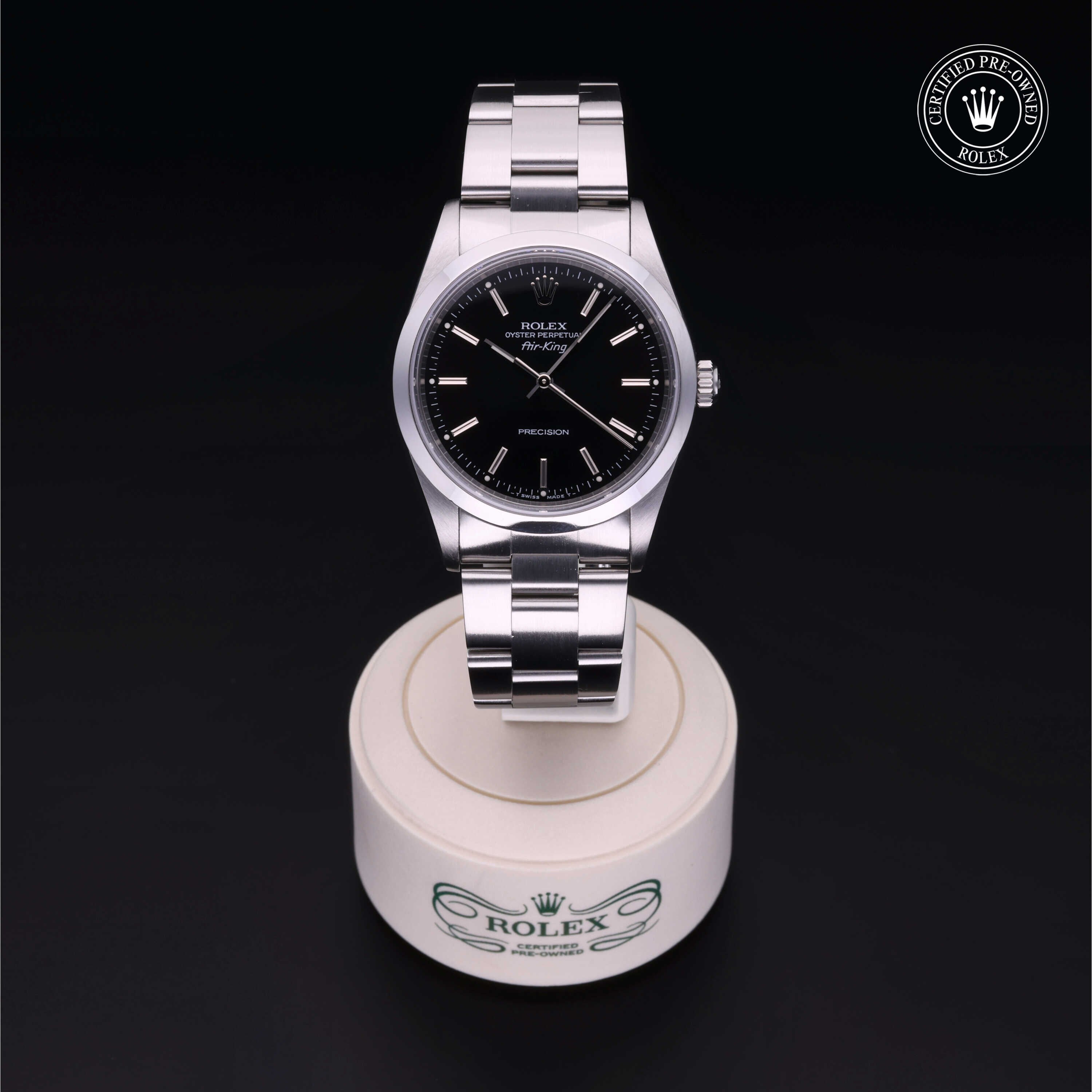 Rolex Certified Pre-owned Air-King M14000-0005 front on black background