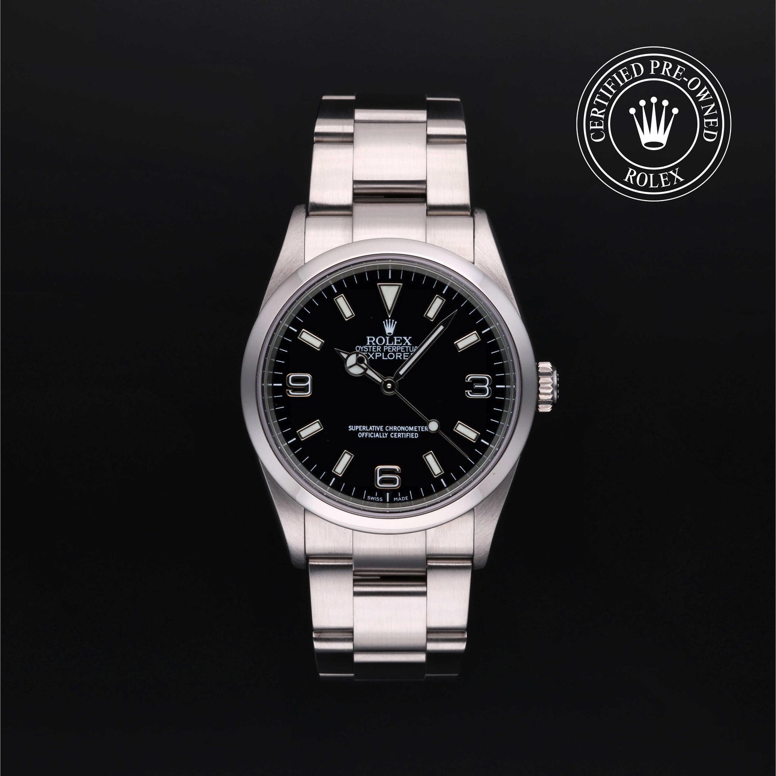 Rolex Certified Pre-owned Explorer M114270-0002 front on black background