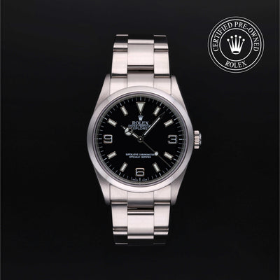 Rolex Certified Pre-owned Explorer M114270-0002 front on black background