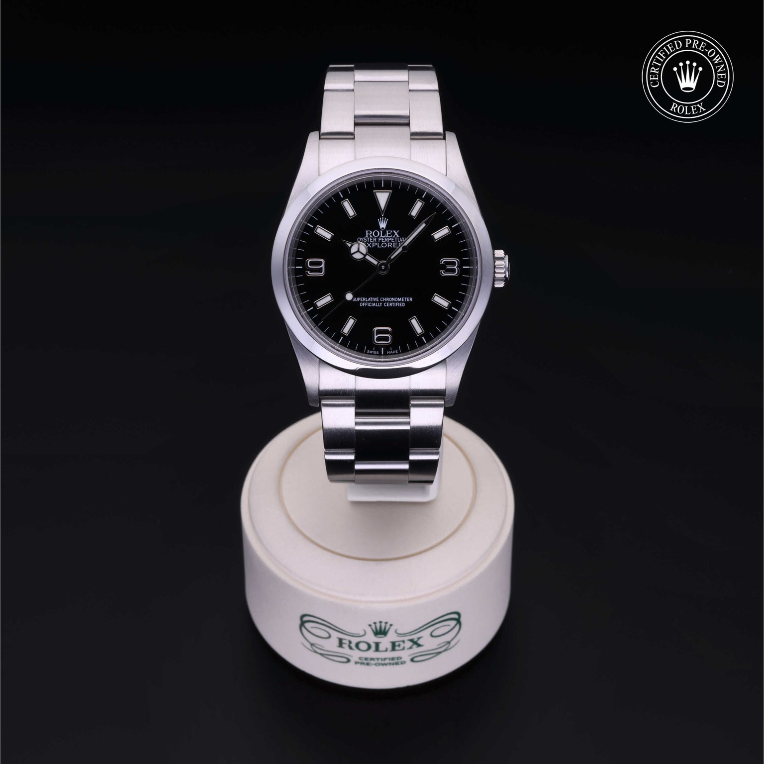Rolex Certified Pre-owned Explorer M114270-0002 front on black background