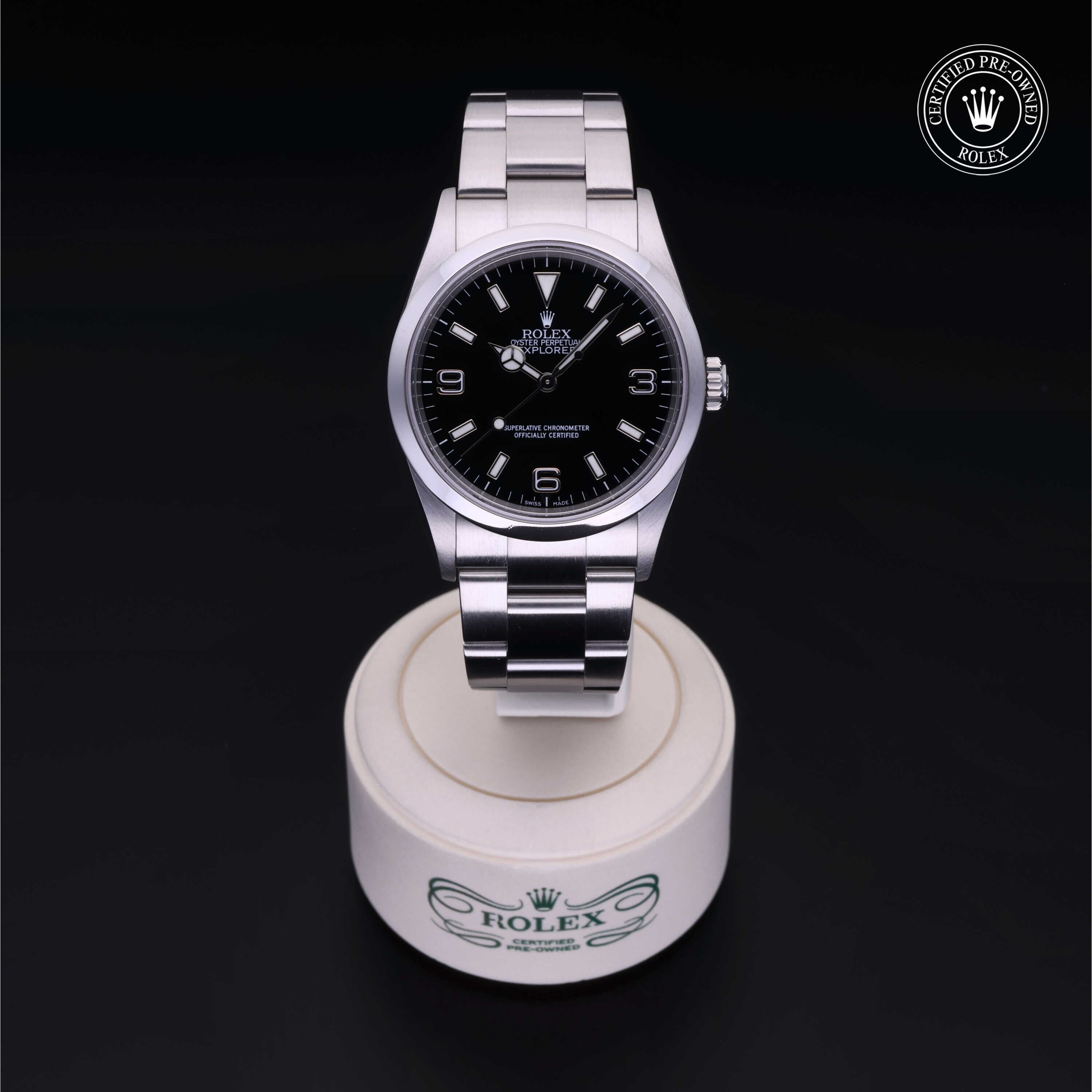 Rolex Certified Pre-owned Explorer M114270-0002 front on black background