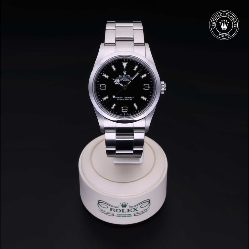 Rolex Certified Pre-owned Explorer M114270-0002 front on black background