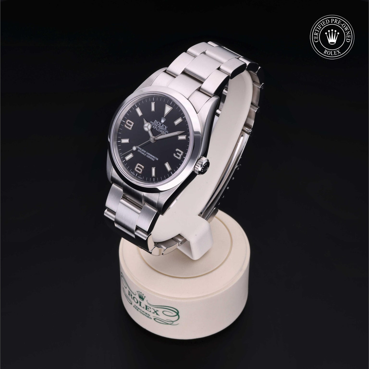 Rolex Certified Pre-owned Explorer M114270-0002 front on black background
