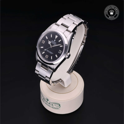 Rolex Certified Pre-owned Explorer M114270-0002 front on black background