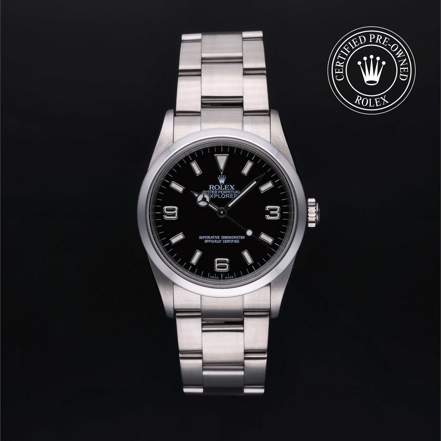 Rolex Certified Pre-owned Explorer M114270-0002 front on black background