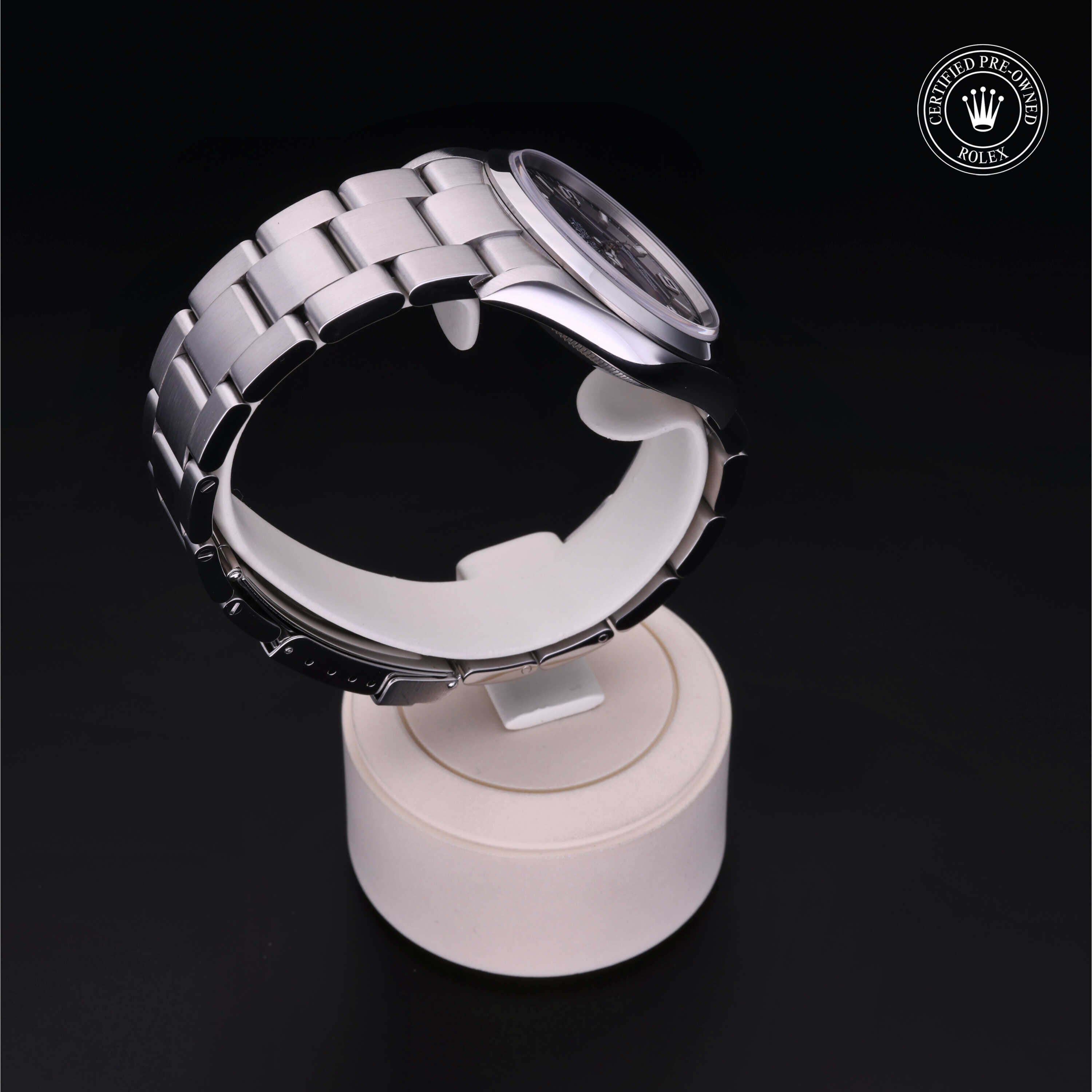 Rolex Certified Pre-owned Explorer M114270-0002 front on black background