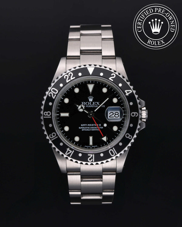 Rolex Certified Pre-owned GMT M16710LN-0004 front on black background