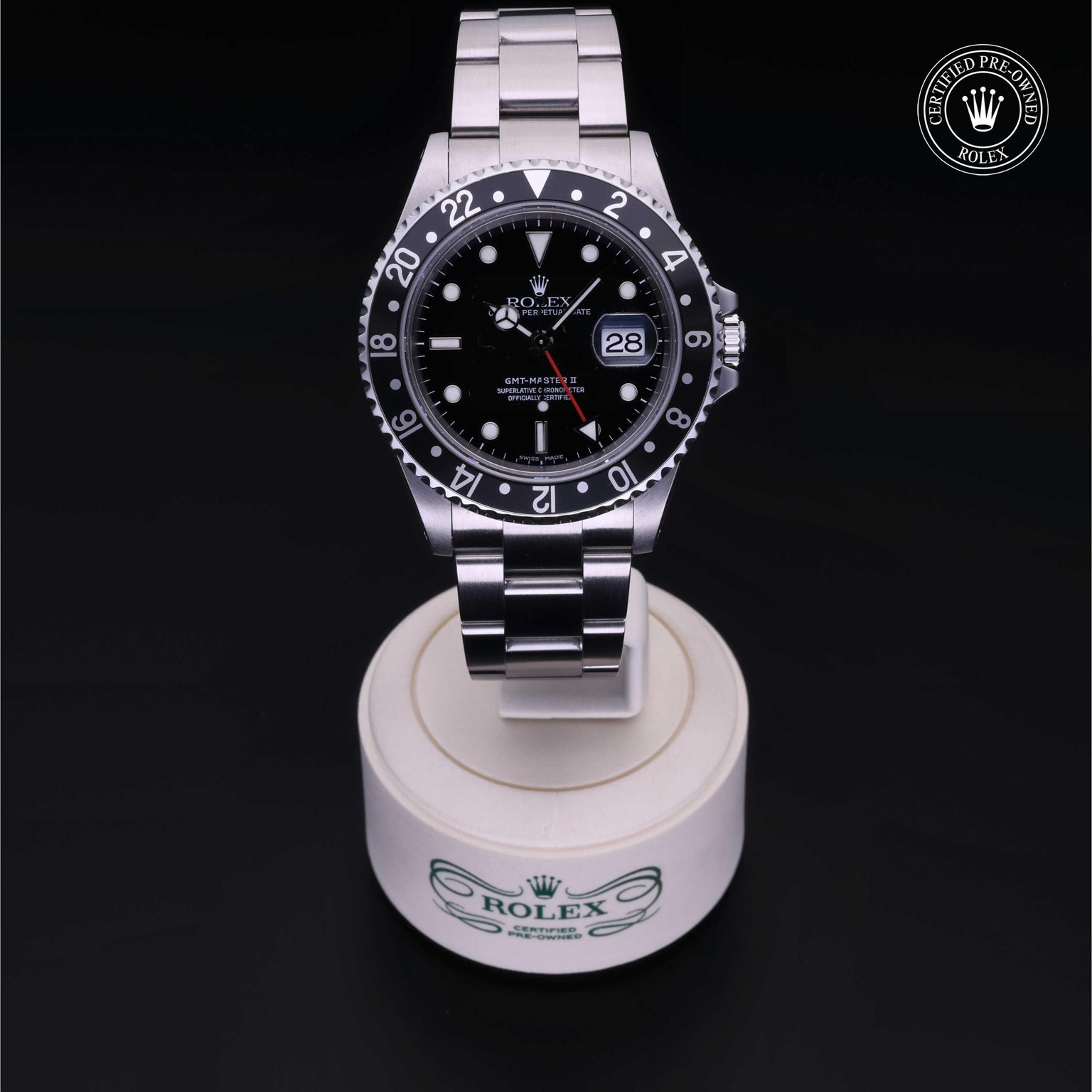 Rolex Certified Pre-owned GMT M16710LN-0004 front on black background