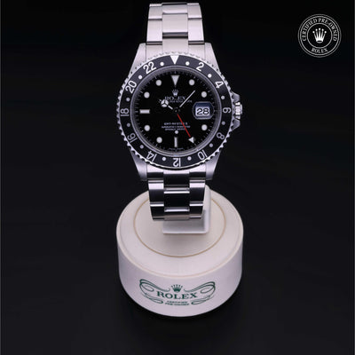 Rolex Certified Pre-owned GMT M16710LN-0004 front on black background