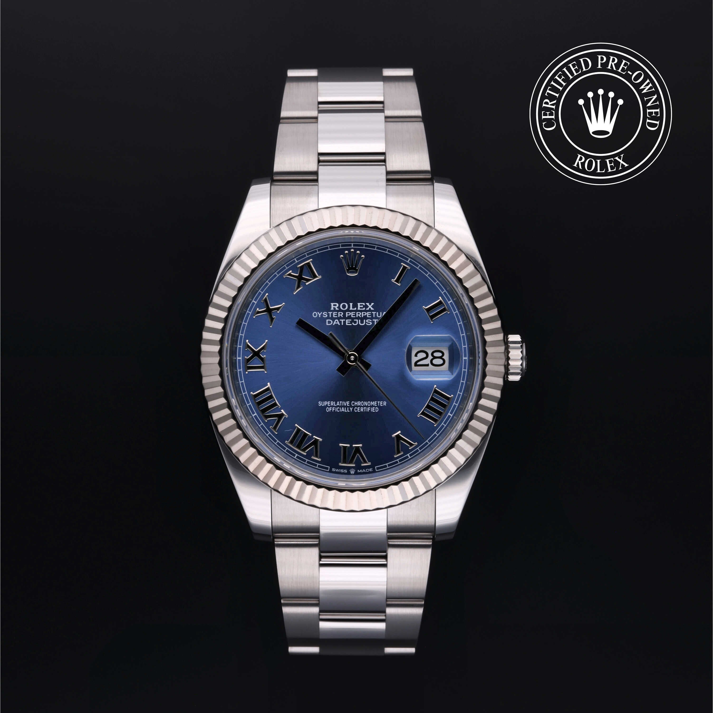 Rolex Certified Pre-owned Datejust M126334-0025 front on black background