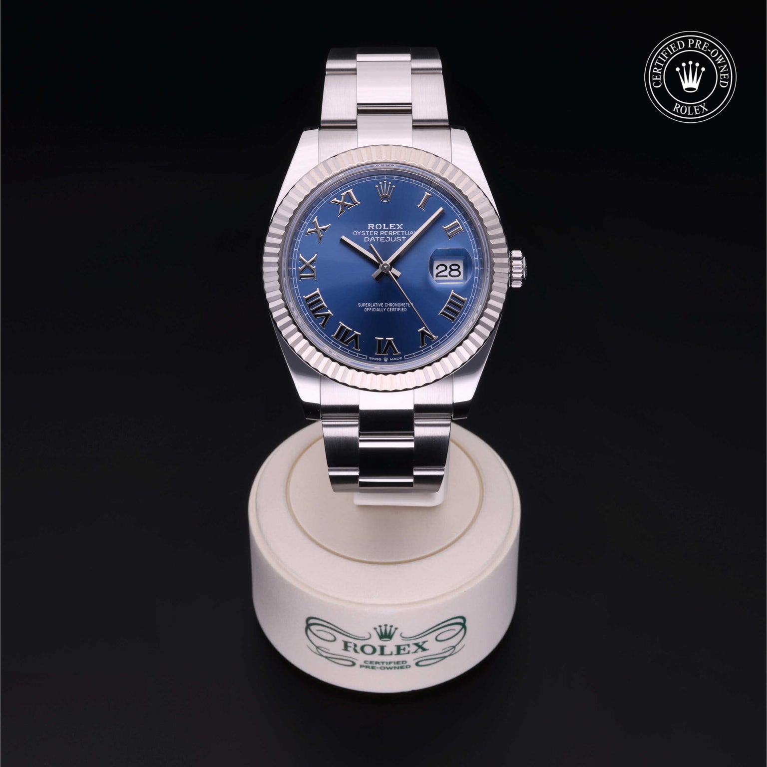 Rolex Certified Pre-owned Datejust M126334-0025 front on black background