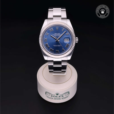 Rolex Certified Pre-owned Datejust M126334-0025 front on black background