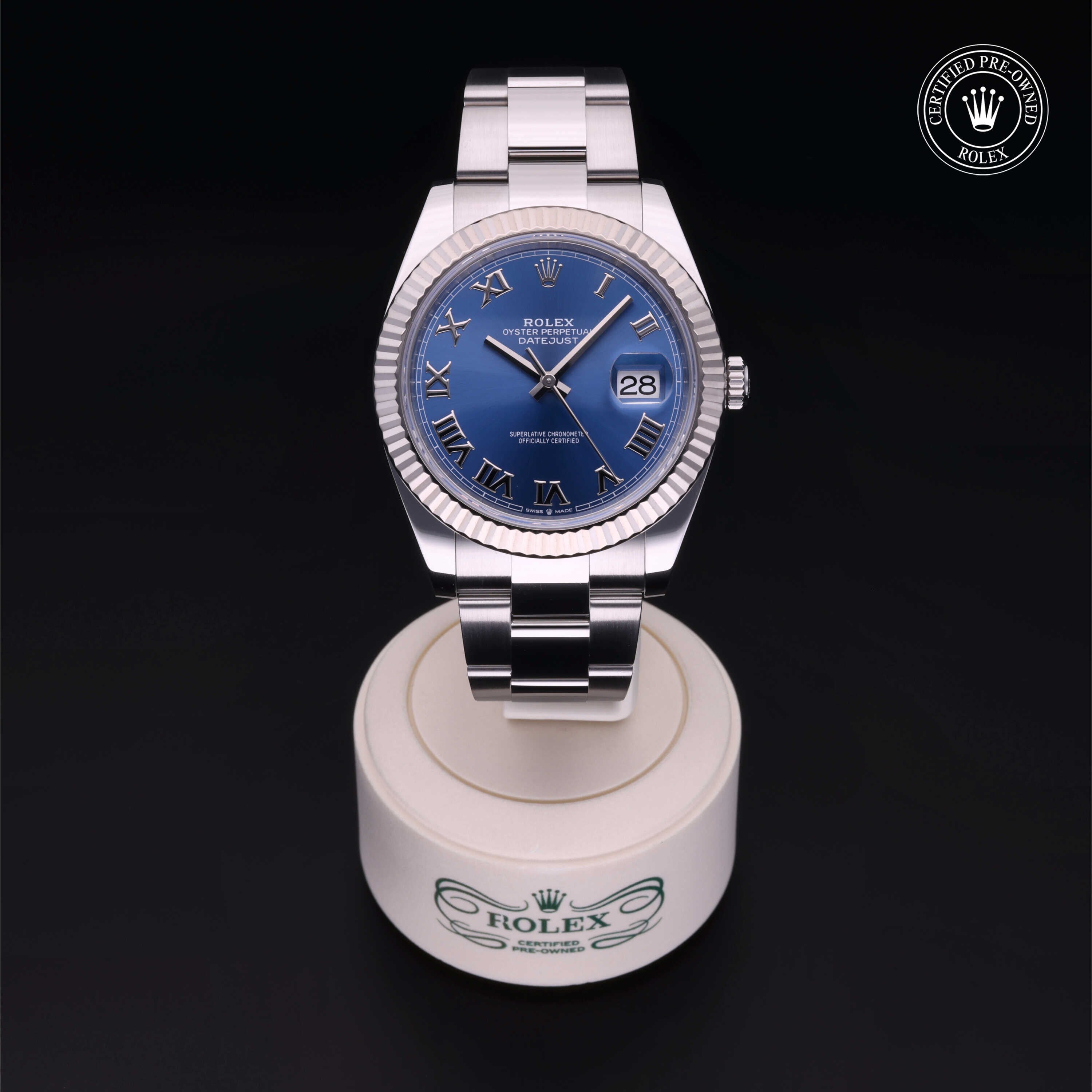 Rolex Certified Pre-owned Datejust M126334-0025 front on black background