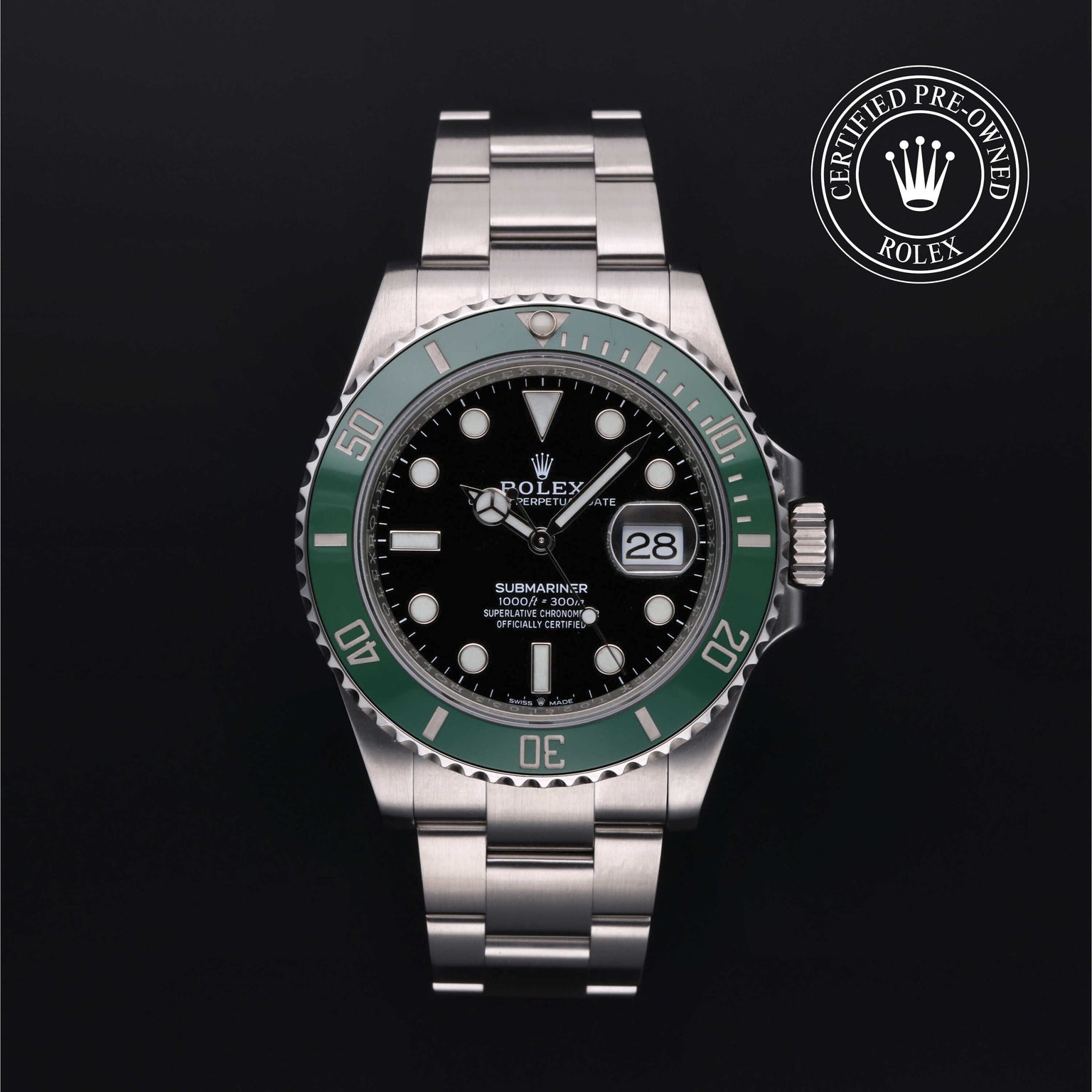 Rolex Certified Pre-owned Submariner M126610LV-0002 front on black background