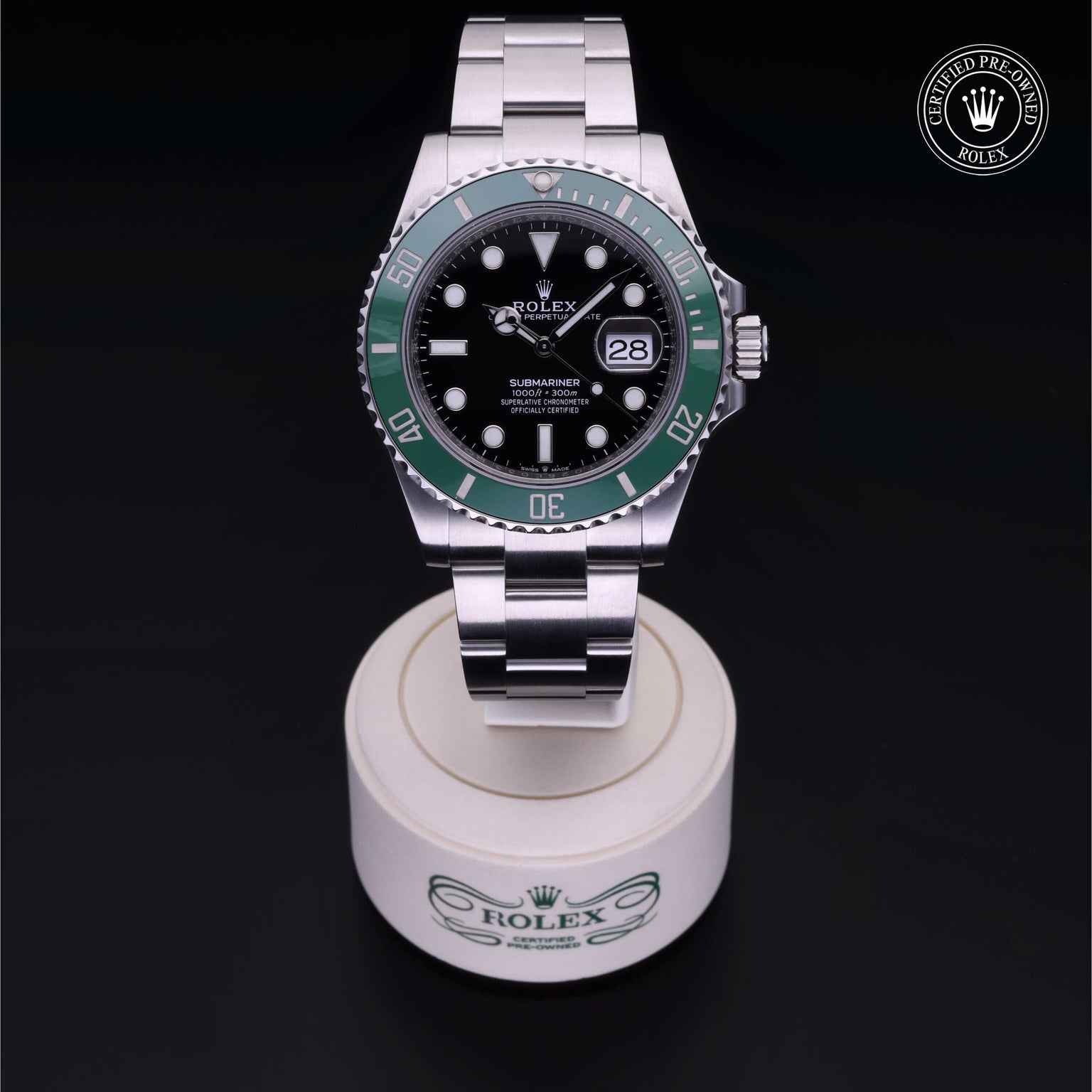 Rolex Certified Pre-owned Submariner M126610LV-0002 front on black background