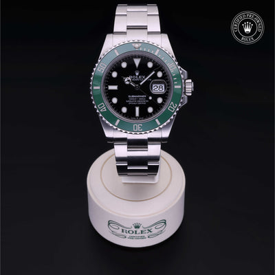 Rolex Certified Pre-owned Submariner M126610LV-0002 front on black background
