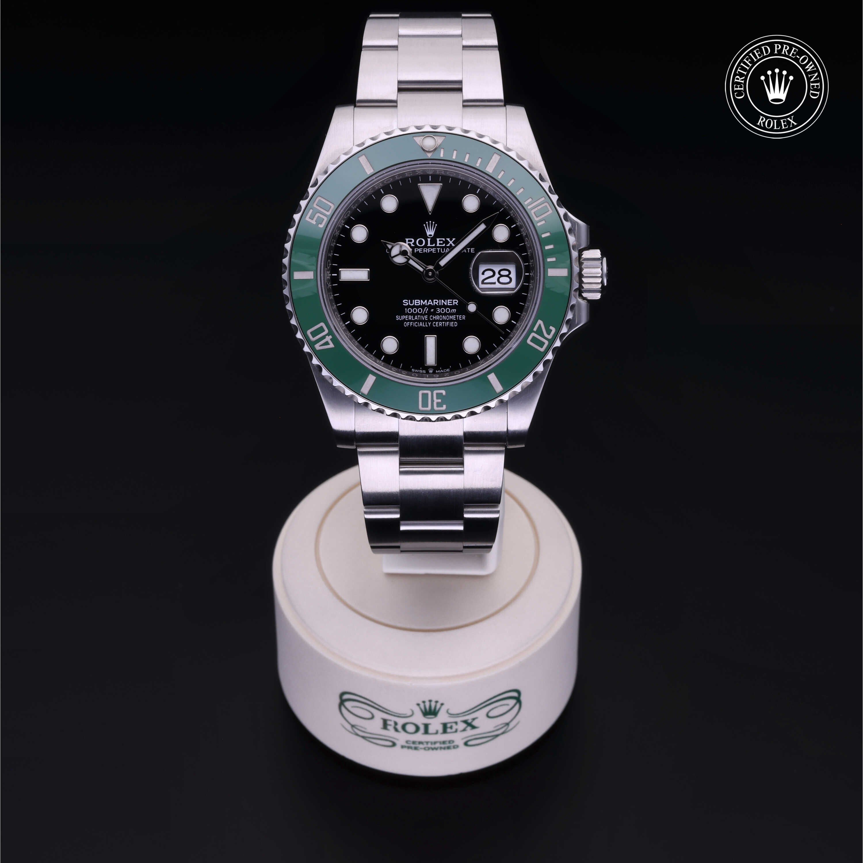 Rolex Certified Pre-owned Submariner M126610LV-0002 front on black background