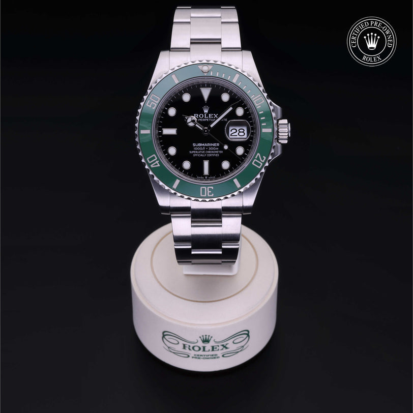 Rolex Certified Pre-owned Submariner M126610LV-0002 front on black background