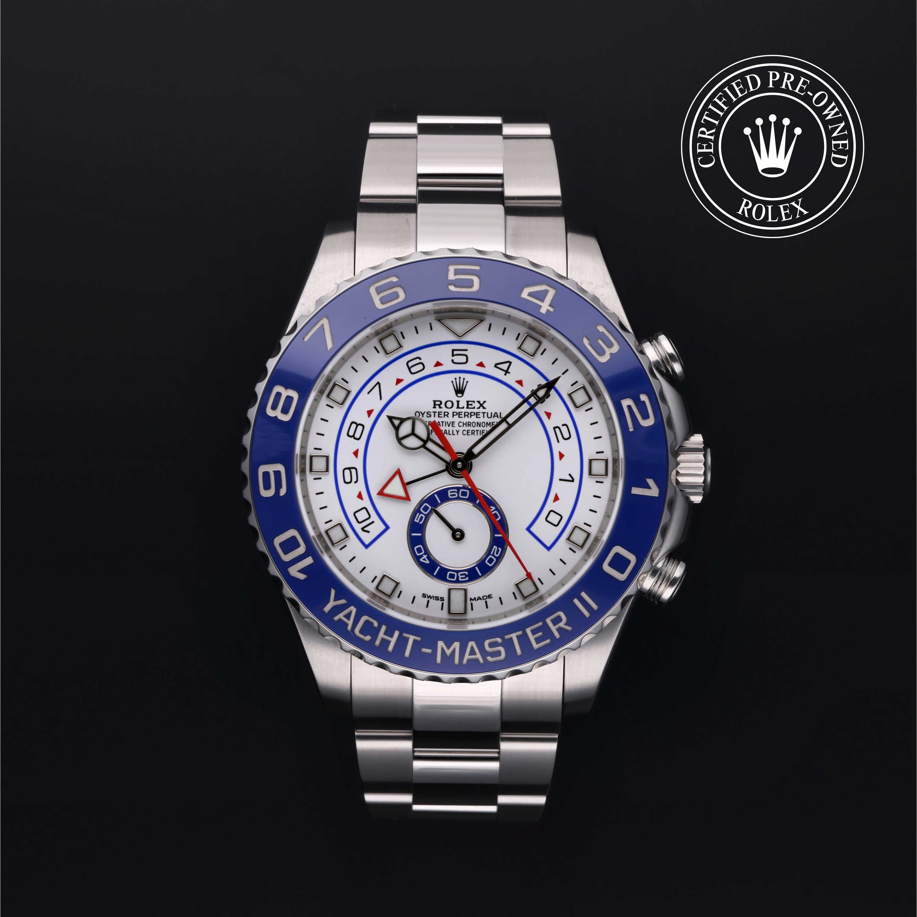 Rolex Certified Pre-owned Yacht-Master II M116680-0002 front on black background
