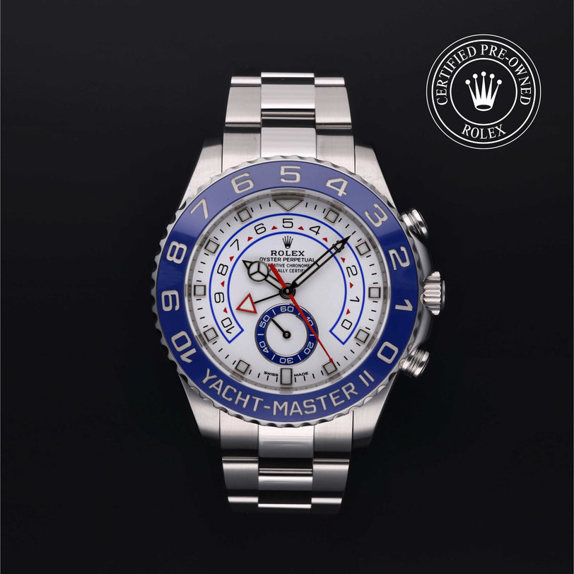 Rolex Certified Pre-owned Yacht-Master II M116680-0002 front on black background