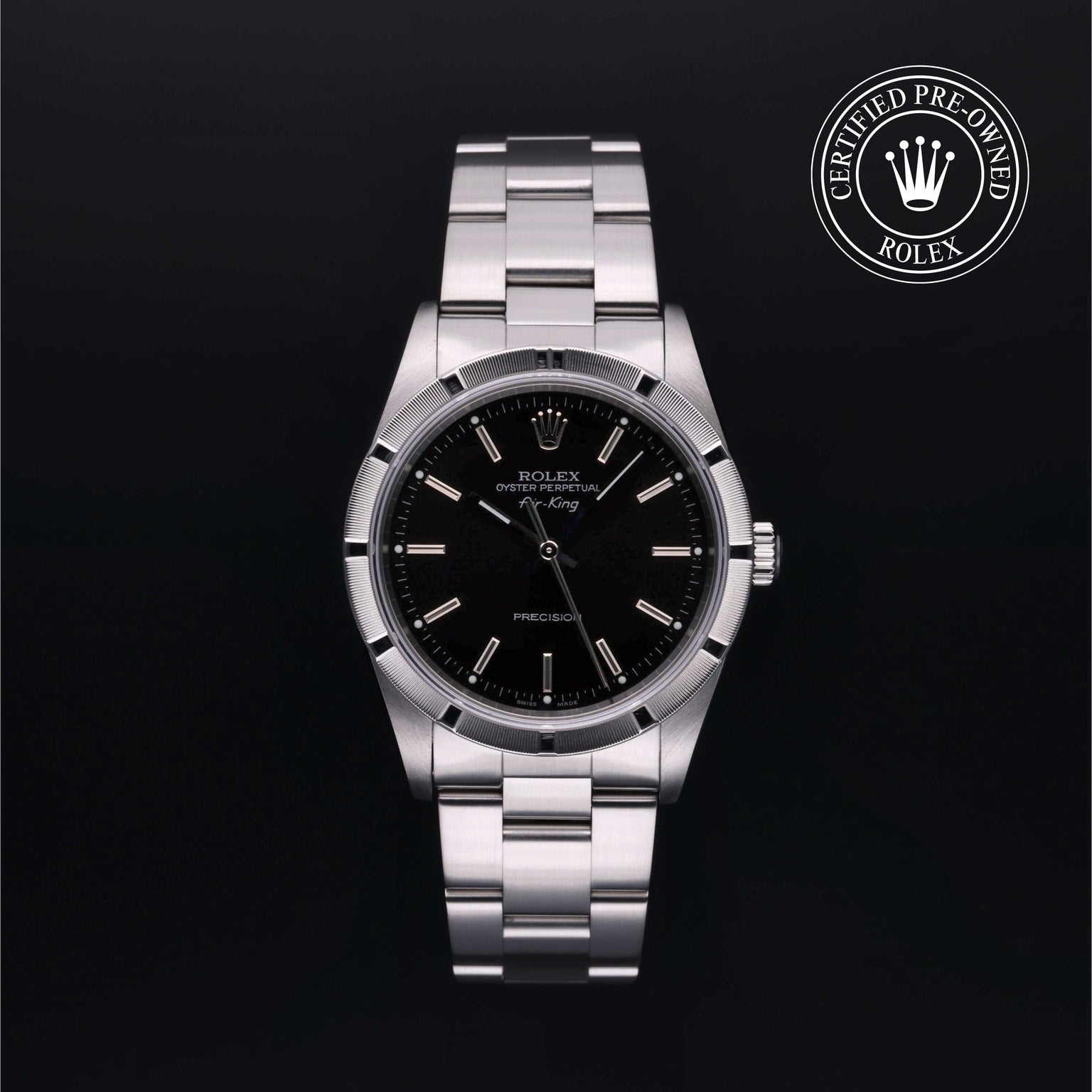 Rolex Certified Pre-owned Air-King M14010M-0012 front on black background